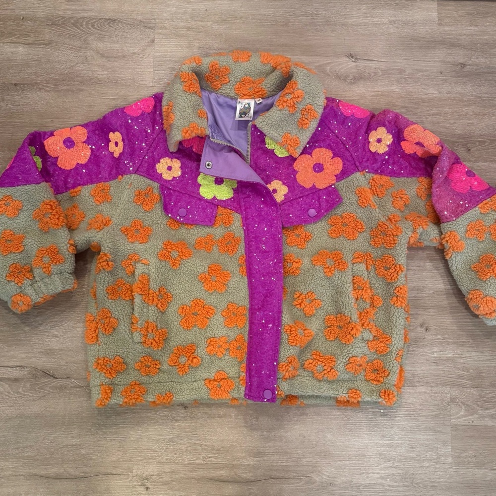 Queen of Sparkles Sequin and Fleece jacket with flowers Size M